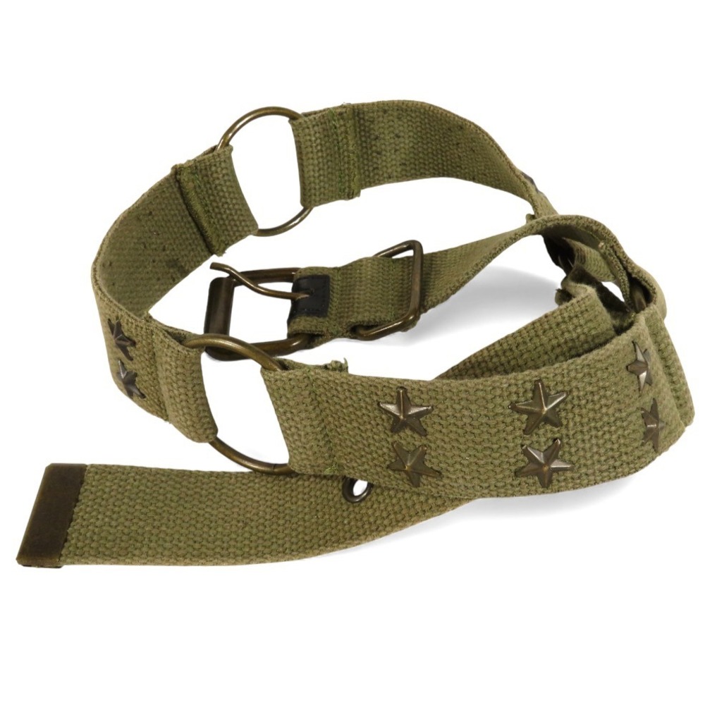 ARMY GREEN WEB BELT Dark Bronze Stars & Rings SEGMENTED CHAIN Military Style M/L